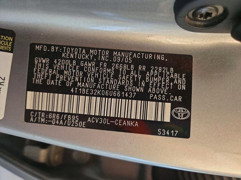Продажа на аукционе авто 2006 Toyota Camry, vin: 4T1BE32K06U661437, номер лота: 71375926