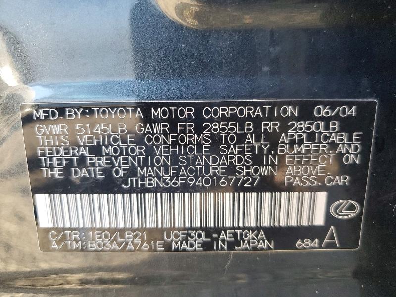 2004 Lexus Ls მანქანა იყიდება აუქციონზე, vin: JTHBN36F940167727, აუქციონის ნომერი: 71464216