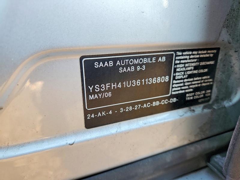 Продаж на аукціоні авто 2006 Saab 9-3, vin: YS3FH41U361136808, номер лоту: 69746276