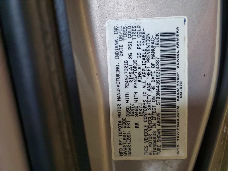 70072316 :رقم المزاد ، 5TBBN44161S214387 vin ، 2001 Toyota Tundra مزاد بيع
