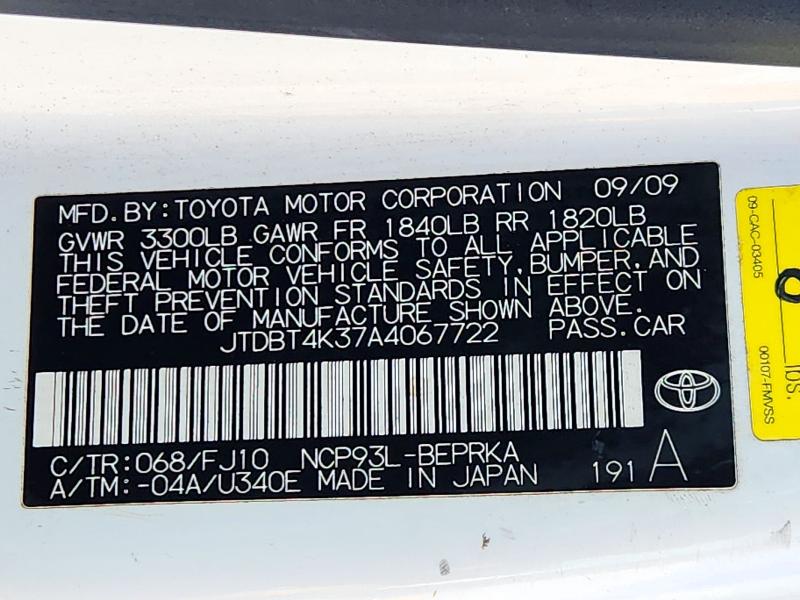 70905706 :رقم المزاد ، JTDBT4K37A4067722 vin ، 2010 Toyota Yaris مزاد بيع