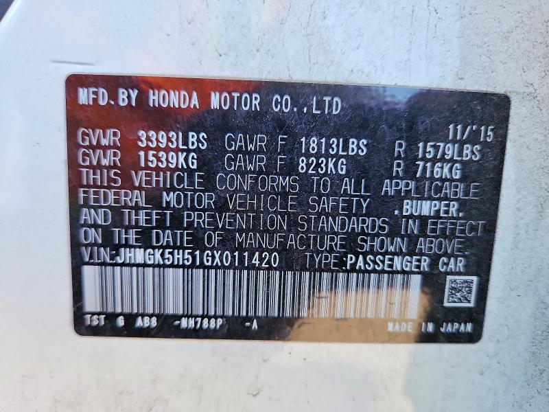2016 Honda Fit მანქანა იყიდება აუქციონზე, vin: JHMGK5H51GX011420, აუქციონის ნომერი: 69607096