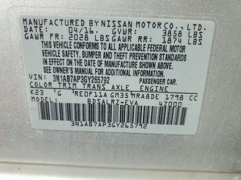 2016 Nissan Sentra მანქანა იყიდება აუქციონზე, vin: 3N1AB7AP3GY265792, აუქციონის ნომერი: 72579266