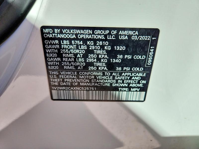 Aukcja sprzedaży 2022 Volkswagen Atlas, vin: 1V2WR2CAXNC525751, numer aukcji: 71646646
