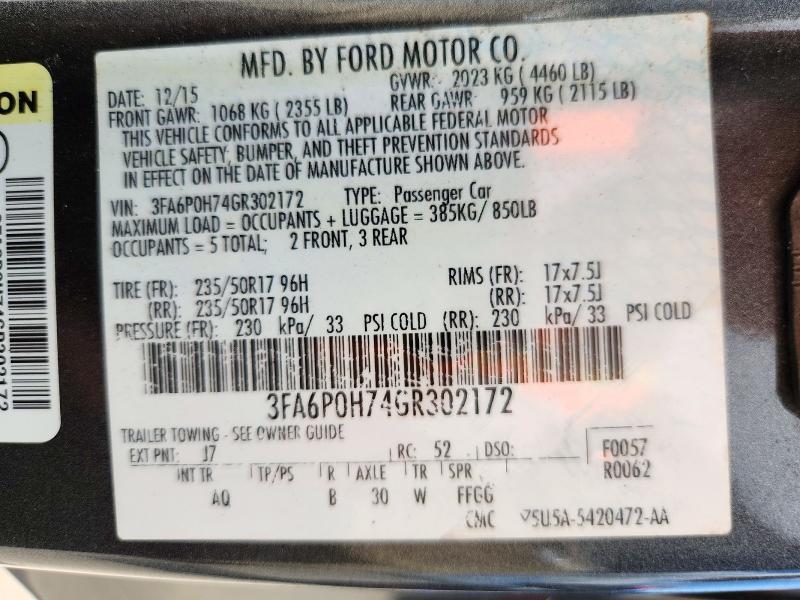 Продаж на аукціоні авто 2016 Ford Fusion, vin: 3FA6P0H74GR302172, номер лоту: 72683566