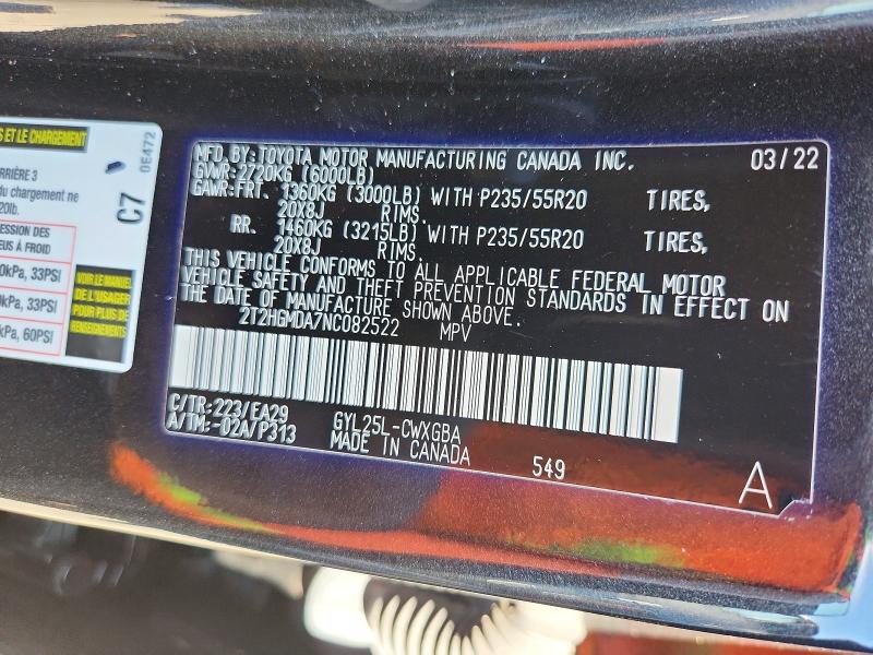 71498876 :رقم المزاد ، 2T2HGMDA7NC082522 vin ، 2022 Lexus Rx مزاد بيع