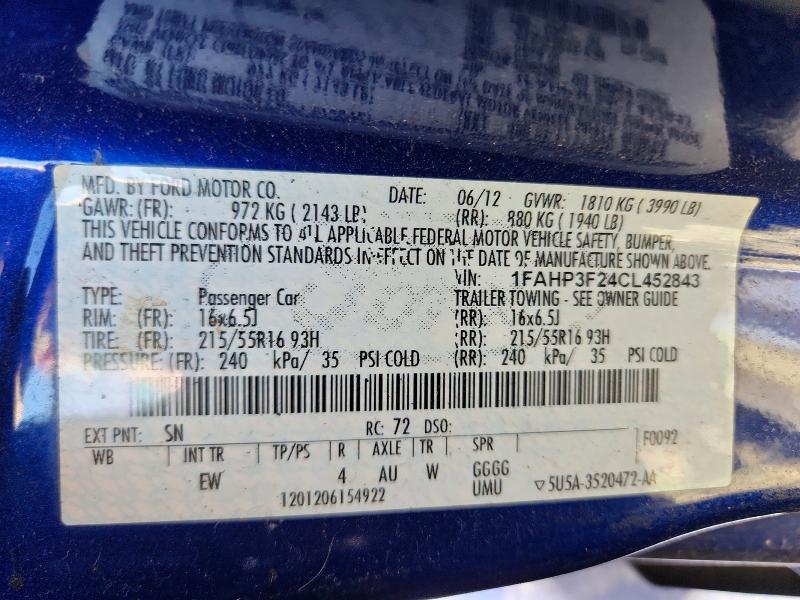2012 Ford Focus მანქანა იყიდება აუქციონზე, vin: 1FAHP3F24CL452843, აუქციონის ნომერი: 72756026