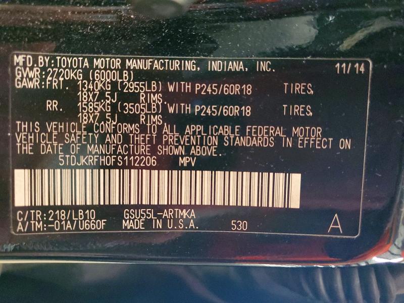 72353826 :رقم المزاد ، 5TDJKRFH0FS112206 vin ، 2015 Toyota Highlander مزاد بيع