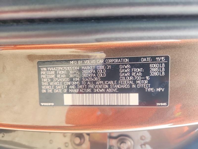 71620786 :رقم المزاد ، YV4A22PK7G1051384 vin ، 2016 Volvo Xc90 مزاد بيع