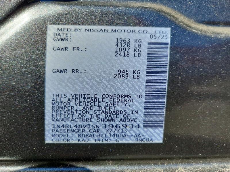 72106306 :رقم المزاد ، 1N4BL4DV1SN396934 vin ، 2025 Nissan Altima مزاد بيع