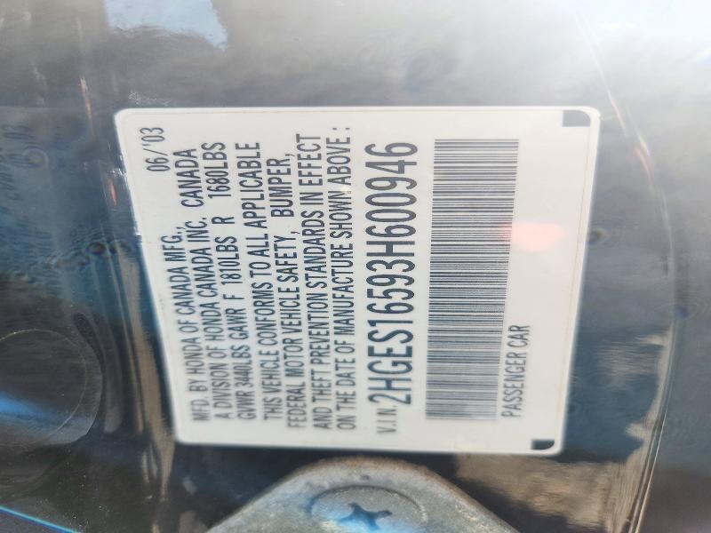 Aukcja sprzedaży 2003 Honda Civic, vin: 2HGES16593H600946, numer aukcji: 72012356
