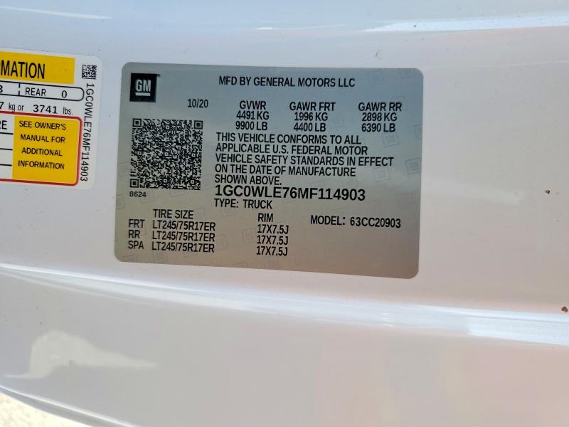 71825606 :رقم المزاد ، 1GC0WLE76MF114903 vin ، 2021 Chevrolet Silverado مزاد بيع