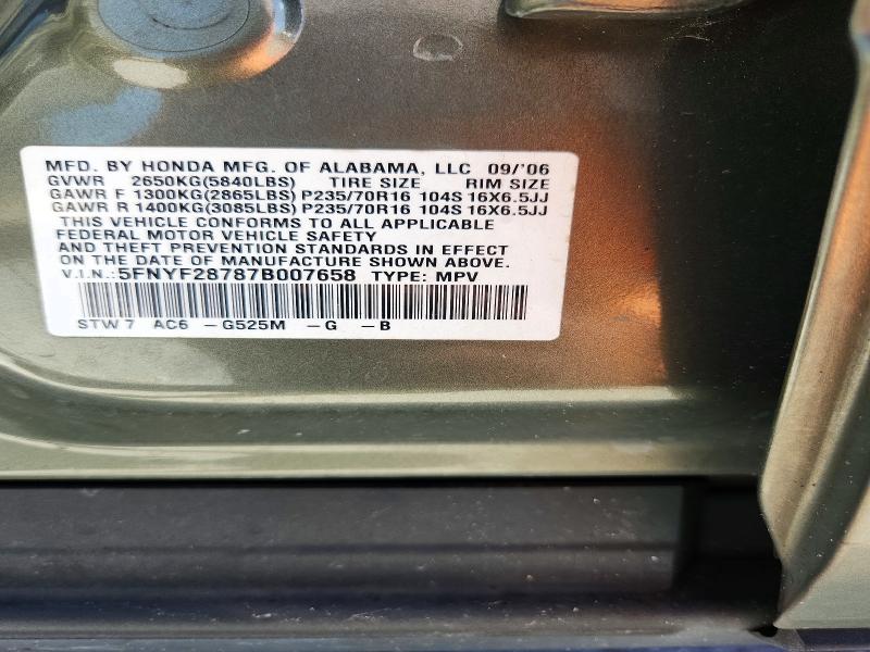 Продажа на аукционе авто 2007 Honda Pilot, vin: 5FNYF28787B007658, номер лота: 72746516