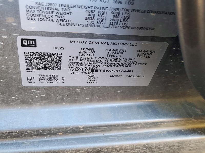 71835486 :رقم المزاد ، 1GCUYEET6NZ201446 vin ، 2022 Chevrolet Silverado Ltd مزاد بيع