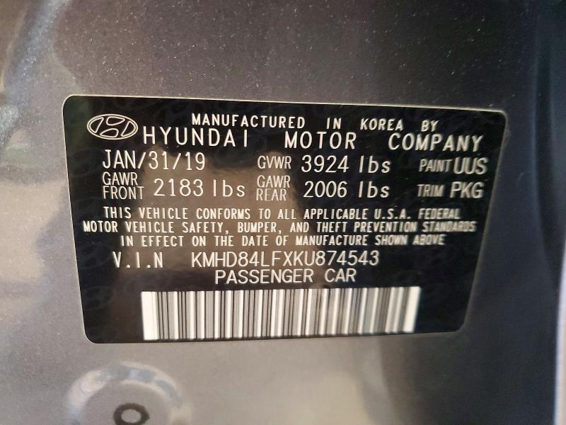 2019 Hyundai Elantra მანქანა იყიდება აუქციონზე, vin: KMHD84LFXKU874543, აუქციონის ნომერი: 71810546