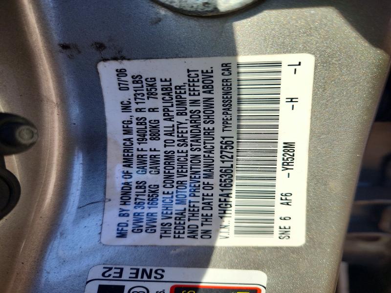 71826496 :رقم المزاد ، 1HGFA16536L127561 vin ، 2006 Honda Civic مزاد بيع