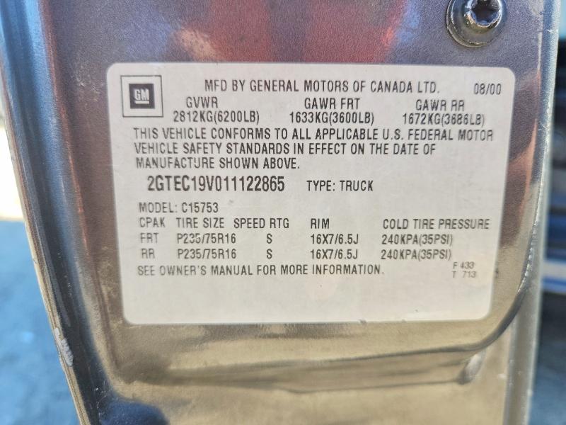 71852986 :رقم المزاد ، 2GTEC19V011122865 vin ، 2001 Gmc New Sierra مزاد بيع