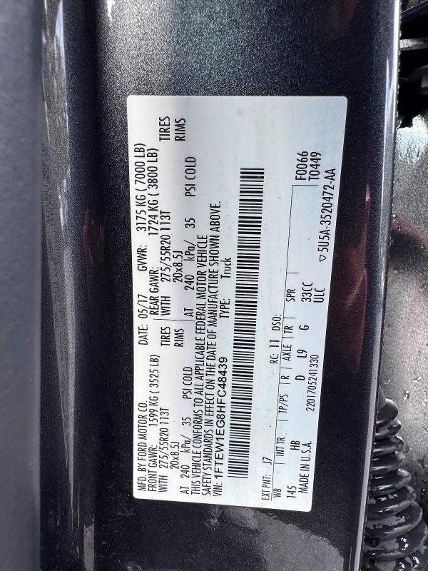 71779996 :رقم المزاد ، 1FTEW1EG8HFC48439 vin ، 2017 Ford F150 مزاد بيع