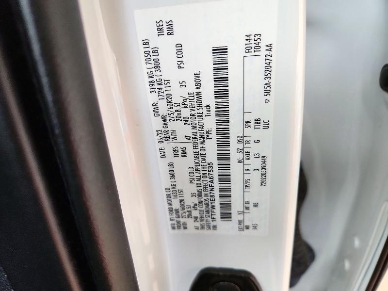 2022 Ford F150 მანქანა იყიდება აუქციონზე, vin: 1FTFW1E87NFA67535, აუქციონის ნომერი: 73510816