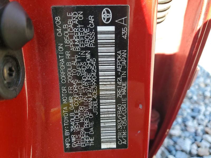Aukcja sprzedaży 2009 Toyota Corolla, vin: JTDBL40E399042545, numer aukcji: 72738496