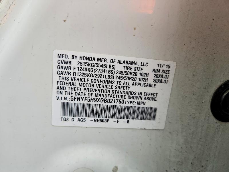 2016 Honda Pilot მანქანა იყიდება აუქციონზე, vin: 5FNYF5H9XGB021760, აუქციონის ნომერი: 69944396