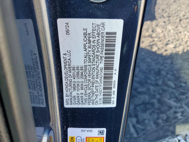 2024 Honda Accord მანქანა იყიდება აუქციონზე, vin: 1HGCY1F3XRA070482, აუქციონის ნომერი: 72033096