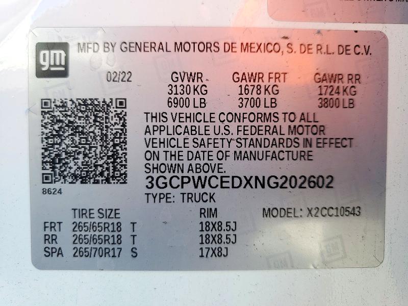 Продаж на аукціоні авто 2022 Chevrolet Silverado Ltd, vin: 3GCPWCEDXNG202602, номер лоту: 72702146