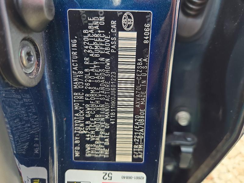 2018 Toyota Camry მანქანა იყიდება აუქციონზე, vin: 4T1B11HK0JU601223, აუქციონის ნომერი: 72696516
