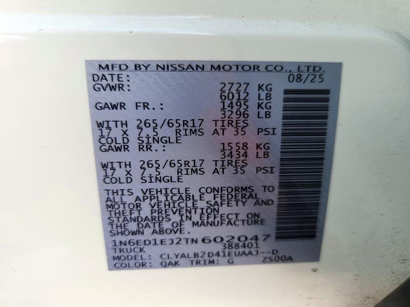 72128246 :رقم المزاد ، 1N6ED1EJ2TN602047 vin ، 2026 Nissan Frontier مزاد بيع