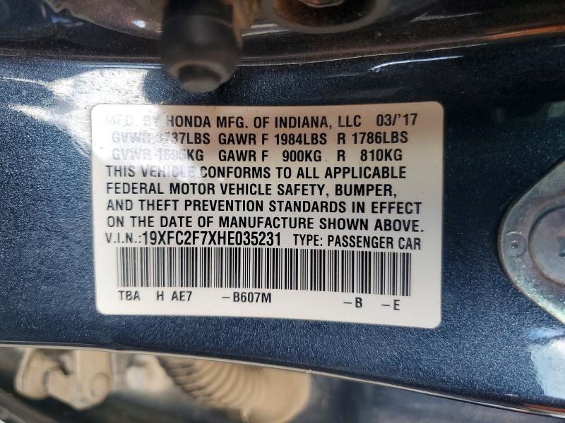 2017 Honda Civic მანქანა იყიდება აუქციონზე, vin: 19XFC2F7XHE035231, აუქციონის ნომერი: 71826096