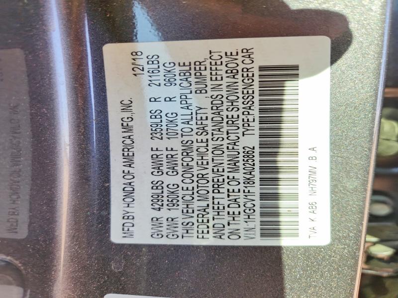 2019 Honda Accord მანქანა იყიდება აუქციონზე, vin: 1HGCV1F18KA025862, აუქციონის ნომერი: 69460436