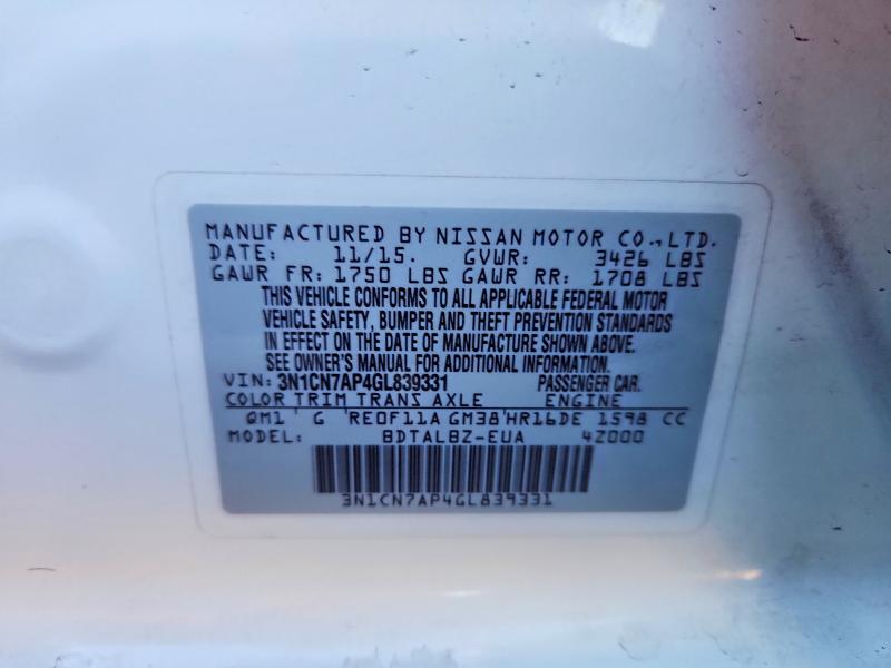 71631836 :رقم المزاد ، 3N1CN7AP4GL839331 vin ، 2016 Nissan Versa مزاد بيع