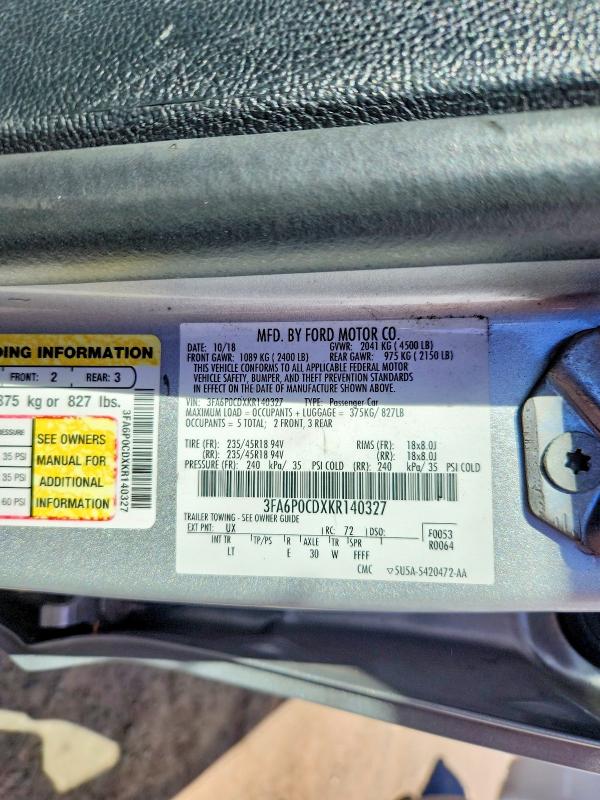 2019 Ford Fusion მანქანა იყიდება აუქციონზე, vin: 3FA6P0CDXKR140327, აუქციონის ნომერი: 71940696