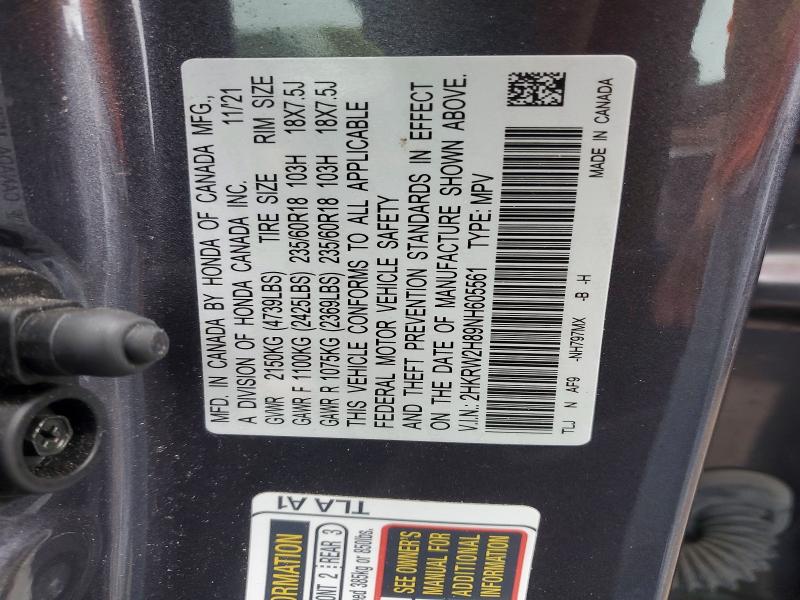 2022 Honda Cr-v მანქანა იყიდება აუქციონზე, vin: 2HKRW2H89NH605561, აუქციონის ნომერი: 70718926
