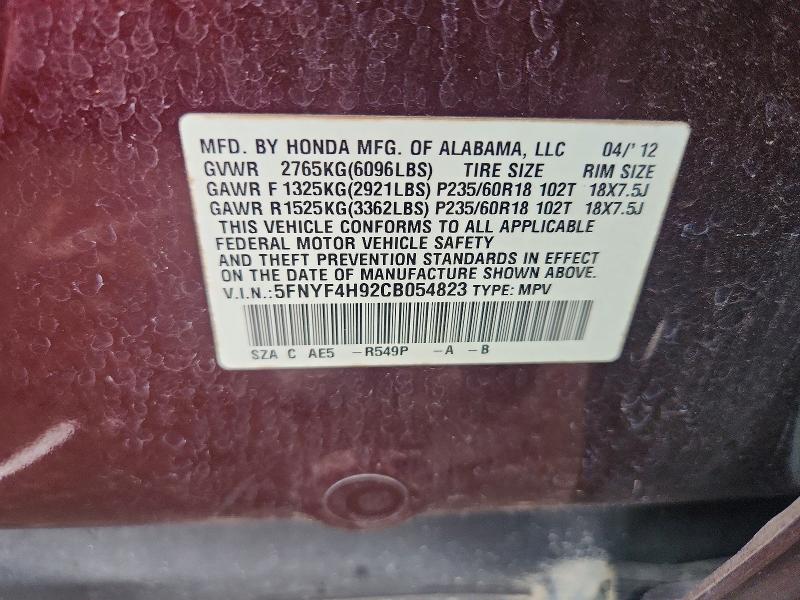 2012 Honda Pilot მანქანა იყიდება აუქციონზე, vin: 5FNYF4H92CB054823, აუქციონის ნომერი: 71164586