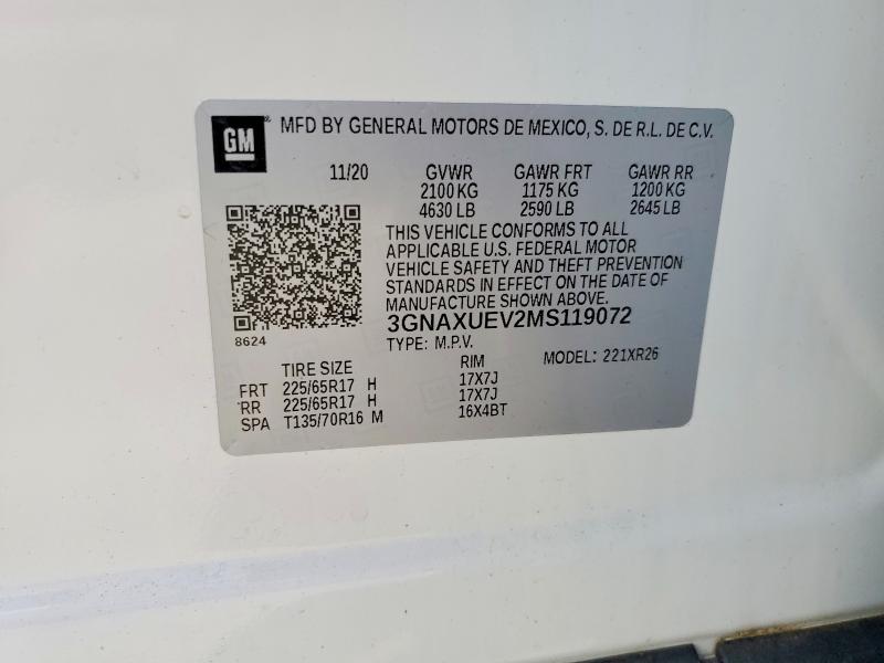 2021 Chevrolet Equinox მანქანა იყიდება აუქციონზე, vin: 3GNAXUEV2MS119072, აუქციონის ნომერი: 71482086