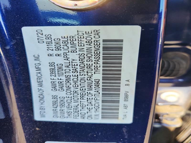 Aukcja sprzedaży 2020 Honda Accord, vin: 1HGCV1F17LA104943, numer aukcji: 71374606