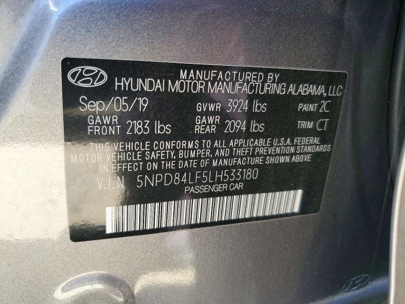 72363546 :رقم المزاد ، 5NPD84LF5LH533180 vin ، 2020 Hyundai Elantra مزاد بيع