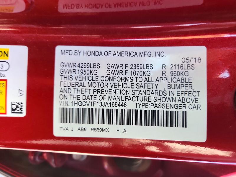 72198076 :رقم المزاد ، 1HGCV1F13JA169446 vin ، 2018 Honda Accord مزاد بيع