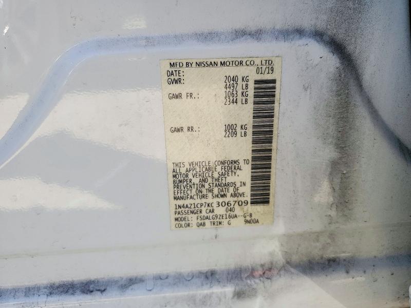 71999966 :رقم المزاد ، 1N4AZ1CP7KC306709 vin ، 2019 Nissan Leaf مزاد بيع