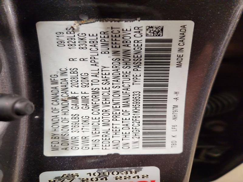 72547336 :رقم المزاد ، 2HGFC2F61KH599533 vin ، 2019 Honda Civic مزاد بيع