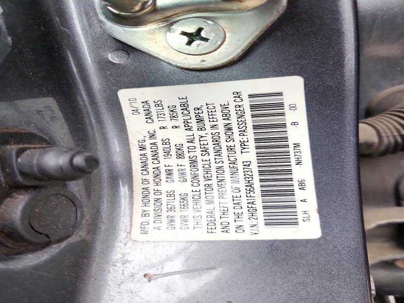 72236006 :رقم المزاد ، 2HGFA1F56AH323743 vin ، 2010 Honda Civic مزاد بيع