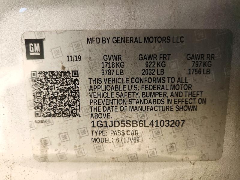 72217446 :رقم المزاد ، 1G1JD5SB6L4103207 vin ، 2020 Chevrolet Sonic مزاد بيع