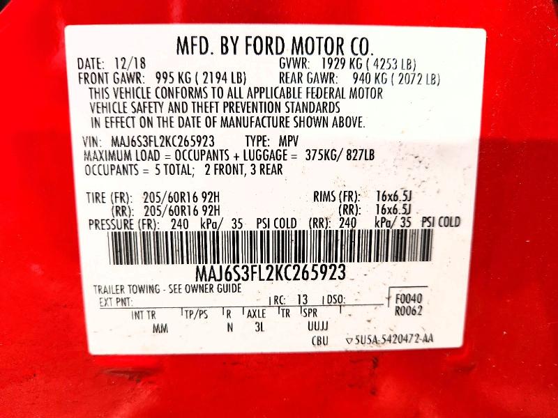 Продаж на аукціоні авто 2019 Ford Ecosport, vin: MAJ6S3FL2KC265923, номер лоту: 70857206