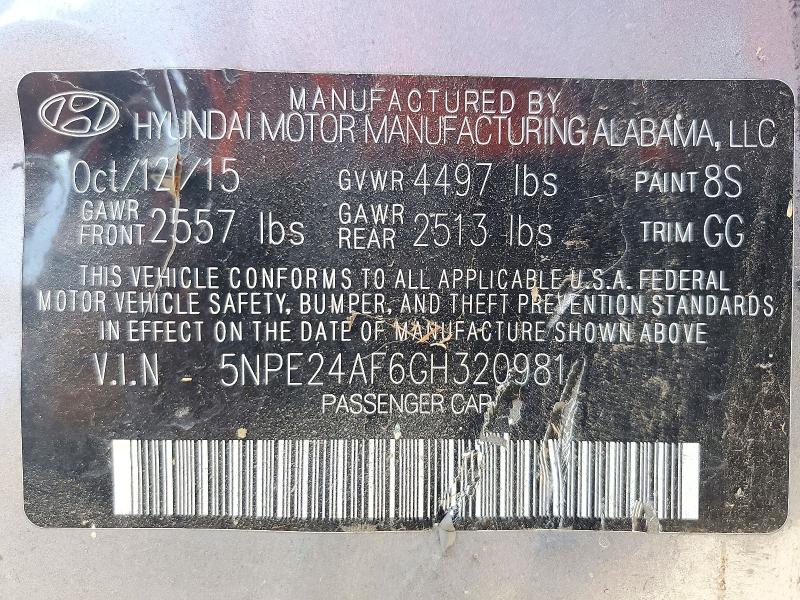 72389396 :رقم المزاد ، 5NPE24AF6GH320981 vin ، 2016 Hyundai Sonata مزاد بيع