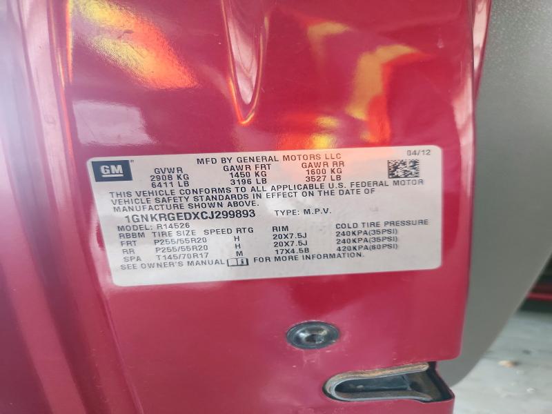 72626266 :رقم المزاد ، 1GNKRGEDXCJ299893 vin ، 2012 Chevrolet Traverse مزاد بيع