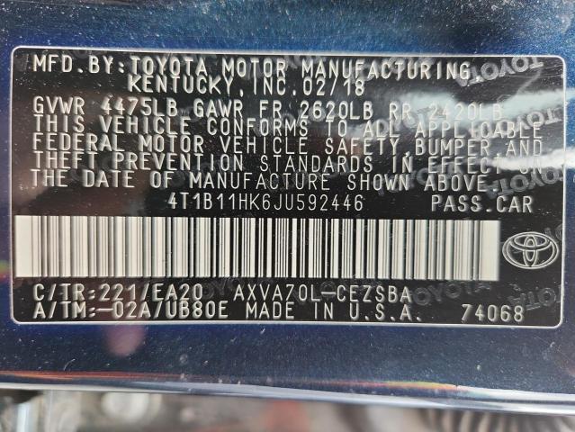 71075096 :رقم المزاد ، 4T1B11HK6JU592446 vin ، 2018 Toyota Camry مزاد بيع