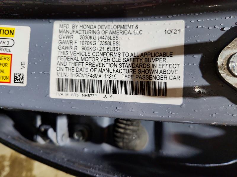 2021 Honda Accord მანქანა იყიდება აუქციონზე, vin: 1HGCV1F48MA114215, აუქციონის ნომერი: 71542246
