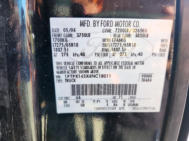 72366586 :رقم المزاد ، 1FTPX145X4NC18011 vin ، 2004 Ford F150 مزاد بيع