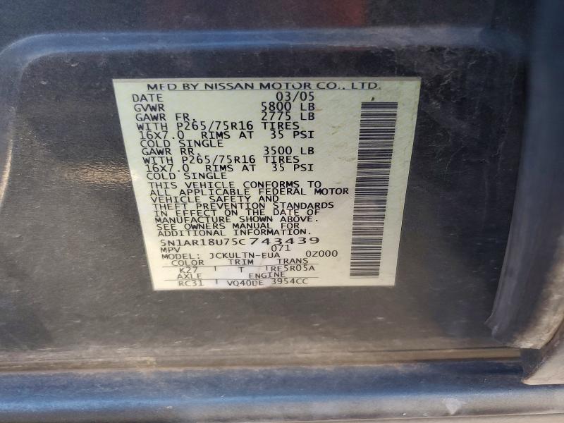 Aukcja sprzedaży 2005 Nissan Pathfinder, vin: 5N1AR18U75C743439, numer aukcji: 70956376